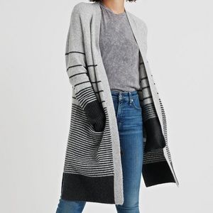 Lucky Brand Stripe Sweater Duster Cardigan Pockets Grey Black Stripe XL